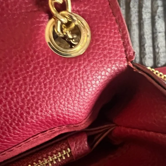 Bebe Red Studded Logo Chain Shoulder Bag Gold Hardware Flap Crossbody Purse - Picture 11 of 12